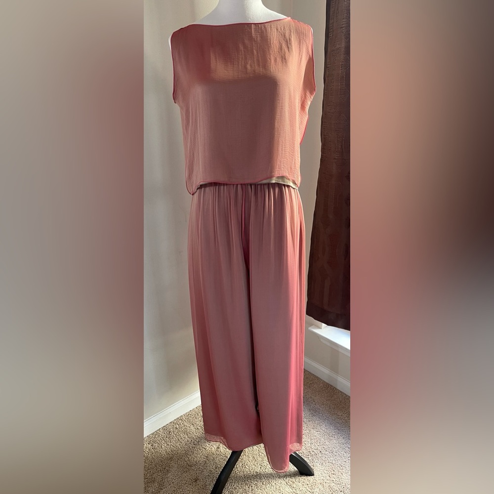 ZORAN Vintage 2pc Coral, Crop Top Pant Set 100% Silk.